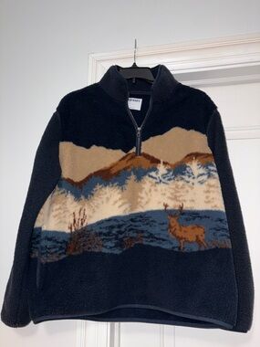 Old Navy Black, Tan and Blue Sherpa Half-Zip Sweater with Scenic Print